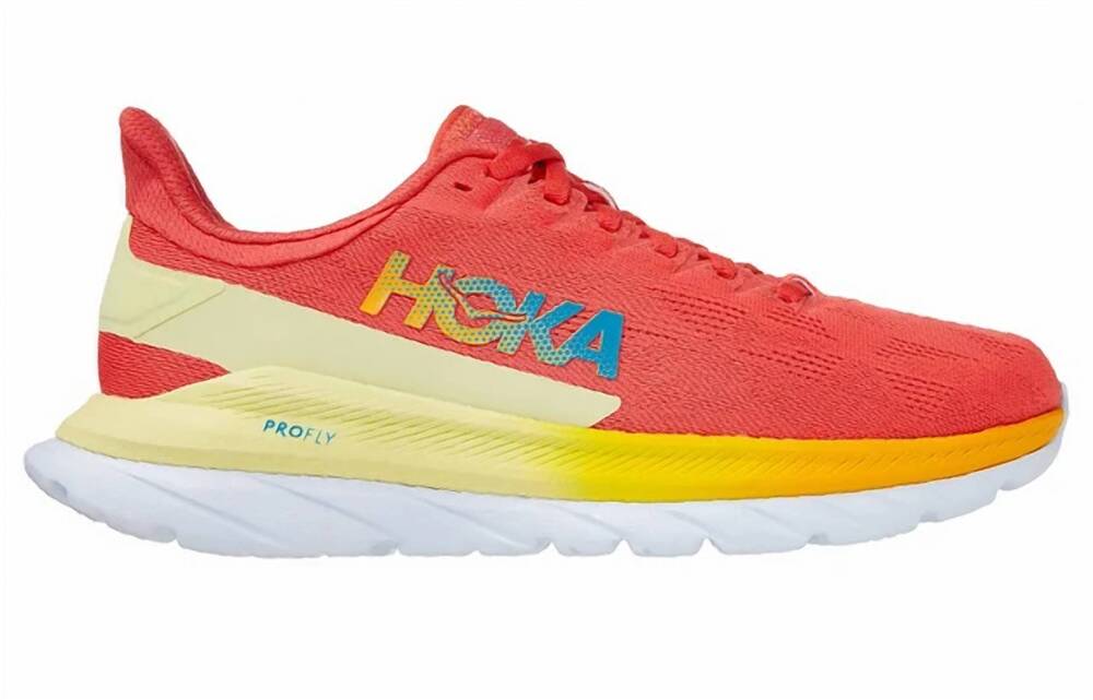 NEW HOKA women's mach 4 running shoes in hot coral/saffron